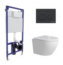 Комплект: инсталляция NOVUM кнопка O5 Soft Touch черная, унитаз OKUS Rimless 49 см, сиденье дюроплас