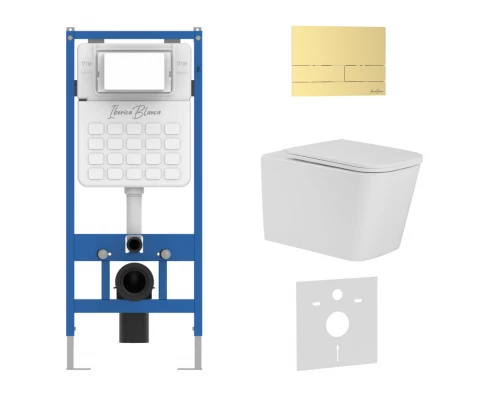 Комплект 3в1 IBERICA BLANCA инсталляция SILENCIO, унитаз TOLEDO ALTO белый, кнопка смыва INOX-S золото матовое (IB001.TLA.231.1603)