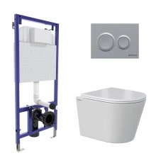 Комплект: инсталляция NOVUM кнопка O2 матовый хром, унитаз VITA Rimless 49 см, сиденье дюропласт мик