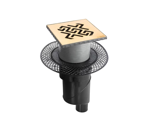 Трап водосток PLATZ Antik 150х150, золото глянец, S-сифон D50/105 H50 вертикальный, BERGES