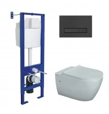 Комплект: инсталляция АТОМ Line кнопка черная SoftTouch, унитаз MASCON Rimless, сидение дюропласт ми