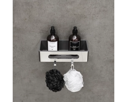 Полка для душа прямая Lemark SHELF LINE из нерж. стали с крючками, хром/вставка-пластик графит (9771043)