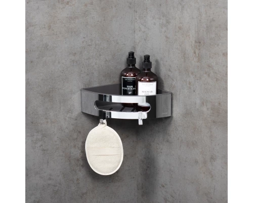 Полка для душа угловая Lemark SHELF LINE из нерж. стали с крючками, хром/вставка-пластик графит (9771046)