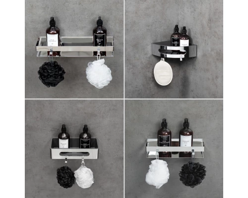 Полка для душа прямая Lemark SHELF LINE из нерж. стали с крючками, хром/вставка-пластик графит (9771043)