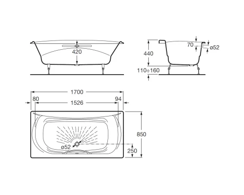 Чугунная ванна 170x85 см с противоскользящим покрытием Roca Akira SET/2325G000R/526804010/150412330
