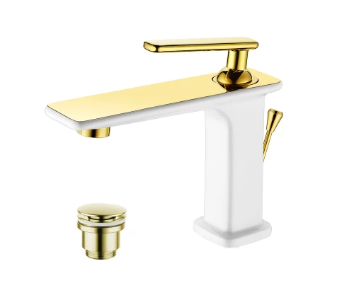 Mista Смеситель для раковины, монолит.излив 106мм дон.клап.Click/C, р/ОД, белый/золото, LM, LM6406WG