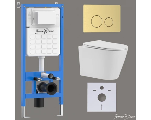 Комплект 3в1 IBERICA BLANCA инсталляция SILENCIO, унитаз BURGOS ALTO белый, кнопка смыва INOX-O золото матовое (IB001.BRA.231.815)