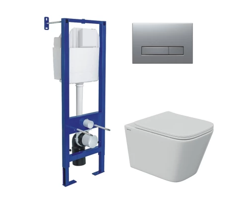 Комплект: инсталляция АТОМ Line кнопка матовый хром, унитаз FLOE S Rimless 51 см, сидение дюропласт