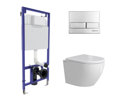 Комплект: инсталляция NOVUM кнопка L3 хром глянец, унитаз OKUS Rimless 49 см, сиденье дюропласт микр