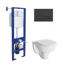 Комплект: инсталляция ATOM Line кнопка черная Soft Touch, унитаз подвесной Gamma с сиденьем дюроплас