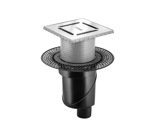 Трап водосток PLATZ Norma 150х150, матовый хром, S-сифон D50/105 H50 вертикальный, BERGES