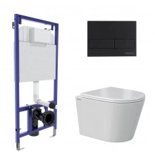 Комплект: инсталляция NOVUM кнопка L5 Soft Touch черная, унитаз VITA Rimless 49 см, сиденье дюроплас