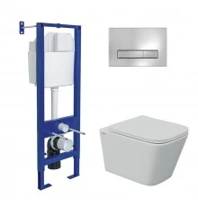 Комплект: инсталляция АТОМ Line кнопка глянцевый хром, унитаз FLOE S Rimless 51 см, сидение дюроплас