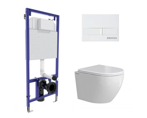 Комплект: инсталляция NOVUM кнопка L1 белая, унитаз OKUS Rimless 49 см, сиденье дюропласт микролифт,