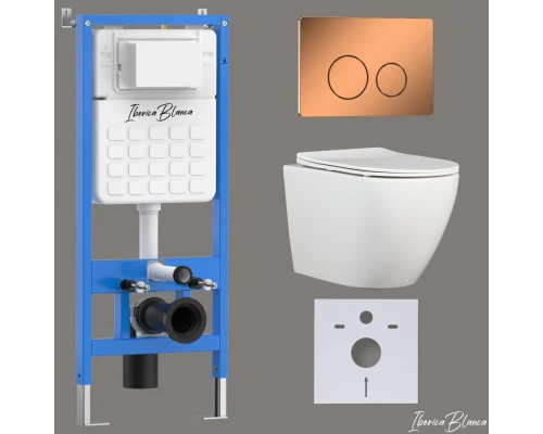 Комплект 3в1 IBERICA BLANCA инсталляция SILENCIO, унитаз BILBAO ALTO белый, кнопка смыва INOX-О розовое золото глянцевое (IB001.BLA.231.8171)