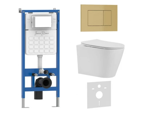 Комплект 3в1 IBERICA BLANCA инсталляция SILENCIO, унитаз BURGOS ALTO белый, кнопка смыва ESTI-S золото матовое (IB001.BRA.231.854)