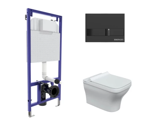 Комплект: инсталляция NOVUM кнопка L6 черный глянец, унитаз Strati Rimless, сиденье дюропласт Strati