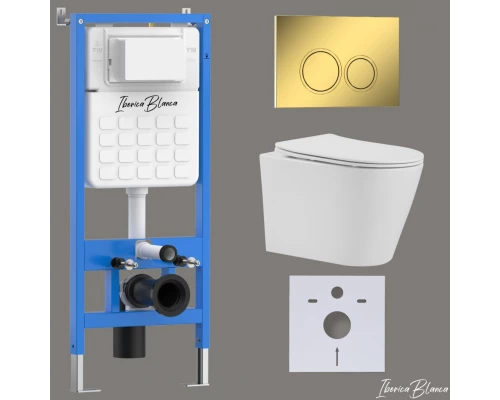 Комплект 3в1 IBERICA BLANCA инсталляция SILENCIO, унитаз BURGOS ALTO белый, кнопка смыва ESTI-O золото глянцевое (IB001.BRA.231.826)