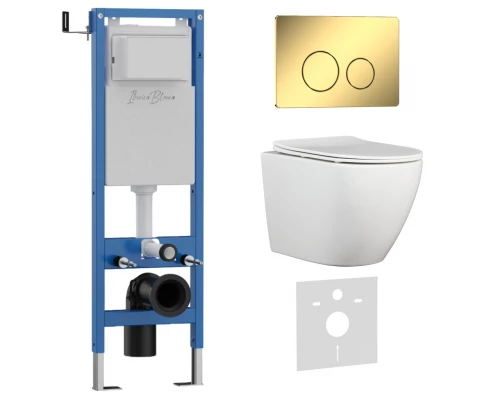 Комплект 3в1 IBERICA BLANCA инсталляция SILENCIO MINI, унитаз BILBAO ALTO белый, кнопка смыва INOX-O золото глянцевое (IB.001M.BLA.231.816)