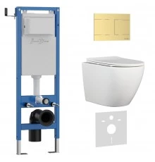 Комплект 3в1 IBERICA BLANCA инсталляция SILENCIO MINI, унитаз BILBAO ALTO белый, кнопка смыва INOX-R золото матовое (IB.001M.BLA.234.1503)