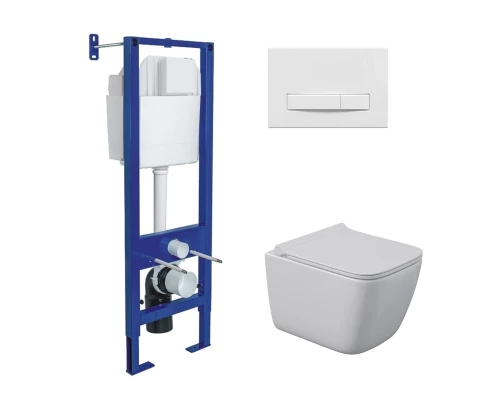 Комплект: инсталляция АТОМ Line кнопка белая, унитаз QUATTRO S Rimless 49 см, сидение дюропласт микр