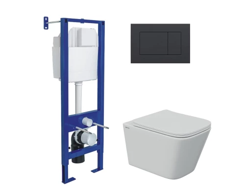 Комплект: инсталляция АТОМ кнопка черная Soft Touch, унитаз FLOE S Rimless 51 см, сидение дюропласт