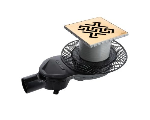 Трап водосток PLATZ Antik 150х150, золото глянец, S-сифон D50 H60 боковой, BERGES