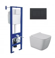 Комплект: инсталляция АТОМ кнопка черная SoftTouch, унитаз QUATTRO S Rimless 49 см, сидение дюроплас