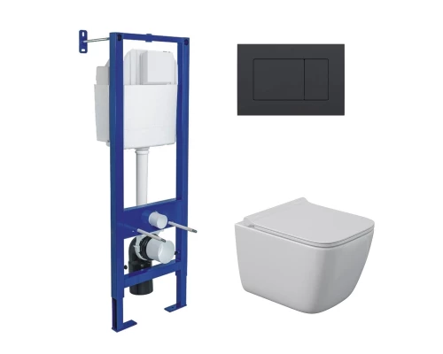 Комплект: инсталляция АТОМ кнопка черная SoftTouch, унитаз QUATTRO S Rimless 49 см, сидение дюроплас