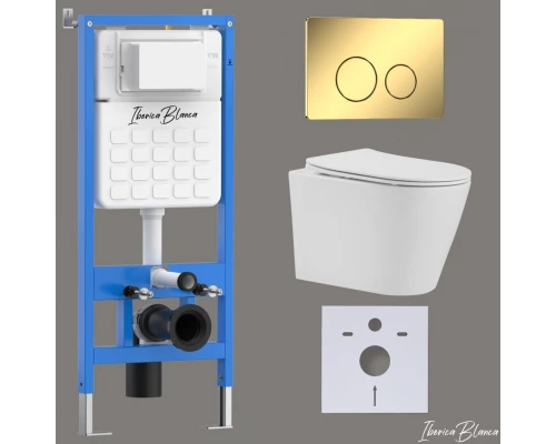 Комплект 3в1 IBERICA BLANCA инсталляция SILENCIO, унитаз BURGOS ALTO белый, кнопка смыва INOX-O золото глянцевое (IB001.BRA.231.816)