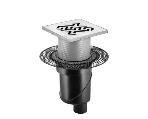 Трап водосток PLATZ Antik 150х150, хром глянец, S-сифон D50/105 H50 вертикальный, BERGES