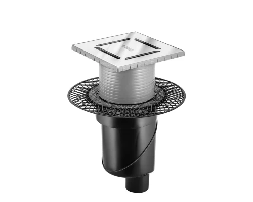 Трап водосток PLATZ Norma 150х150, хром глянец, S-сифон D50/105 H50 вертикальный, BERGES