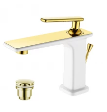 Mista Смеситель для раковины, монолит.излив 106мм дон.клап.Click/C, р/ОД, белый/золото, LM, LM6406WG