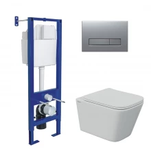 Комплект: инсталляция АТОМ Line кнопка матовый хром, унитаз FLOE S Rimless 51 см, сидение дюропласт 