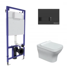 Комплект: инсталляция NOVUM кнопка L6 черный глянец, унитаз Strati Rimless, сиденье дюропласт Strati