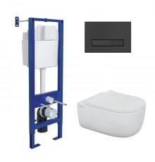 Комплект: инсталляция АТОМ Line кнопка черная SoftTouch, унитаз EGO XL Rimless, сидение дюропласт ми