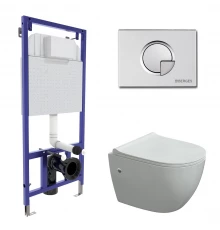 Комплект для монтажа подвесного унитаза: инсталляция NOVUM525, кнопка R2 матовый хром, унитаз OKUS, 