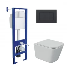 Комплект: инсталляция АТОМ кнопка черная Soft Touch, унитаз FLOE S Rimless 51 см, сидение дюропласт 