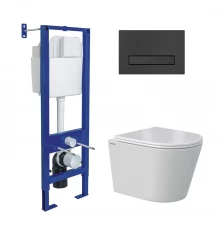 Комплект: инсталляция АТОМ Line кнопка черная Soft Touch, унитаз VITA Rimless 49 см, сиденье дюропла