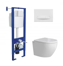 Комплект: инсталляция АТОМ Line кнопка белая, унитаз OKUS Rimless 49 см, сиденье дюропласт микролифт