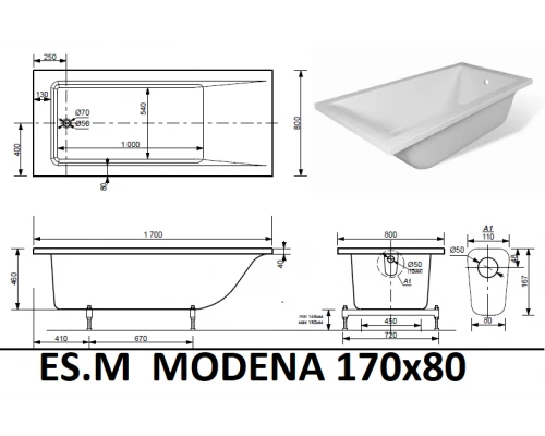 Ванна из литьевого мрамора ES.M Modena 170 х80 см  ES8817008M white matt