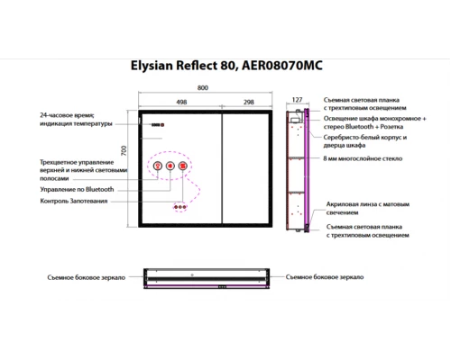Зеркальный шкаф Art Decco Elysian Reflect AER08070MC, 80 см, сенсорный, подсветка, часы, bluetooth-динамик, антизапотевание, рама белая