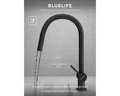 Смеситель д/кухни Abelsberg Aera EMF71709MB c вытяжным изливом и фильтром д/воды, цвет матовый черный