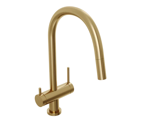 Смеситель д/кухни Abelsberg Aera EMF71709BG c вытяжным изливом и фильтром д/воды, цвет королевское золото