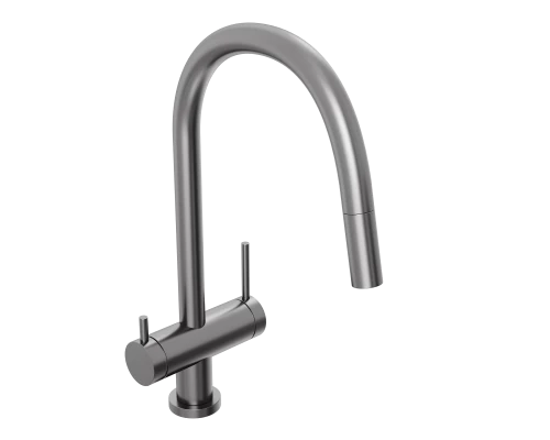 Смеситель д/кухни Abelsberg Aera EMF71709GM c вытяжным изливом и фильтром д/воды, цвет космическая сталь