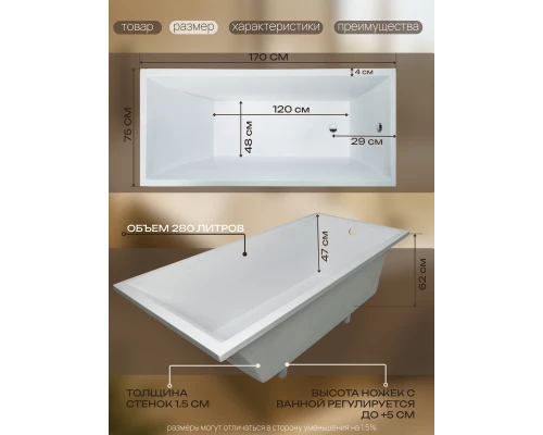 Ванна из литьевого мрамора ES.M Melan 170 х75 см  ESM8817005 white