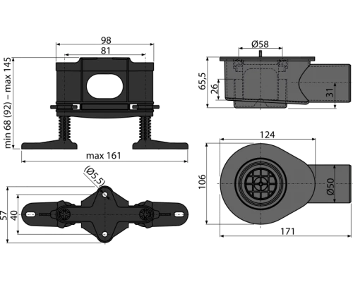 Cифон низкий для водоотведения в душевых на уровне пола AlcaPlast APZ-S9 DN50 и комплект регулируемых ног