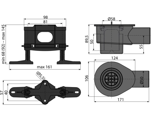 Cифон  для водоотведения в душевых на уровне пола AlcaPlast APZ-S12 DN50 и комплект регулируемых ног