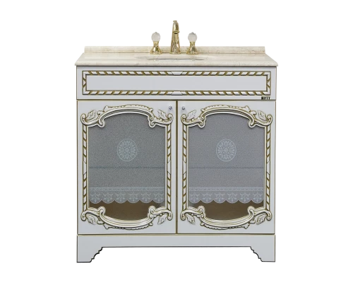 Тумба под раковину Misty Элис - 90 Тумба прямая белая патина стекло/столешница Л-Эли01090-013Пр