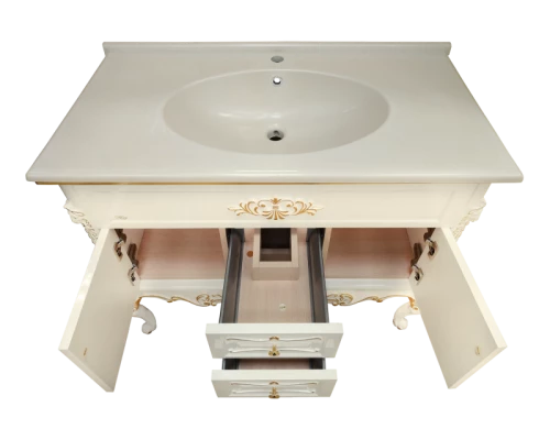 Тумба под раковину Misty Bianco 90 с 2-мя ящиками бежевая сусальное золото Л-Бья01090-3812Я